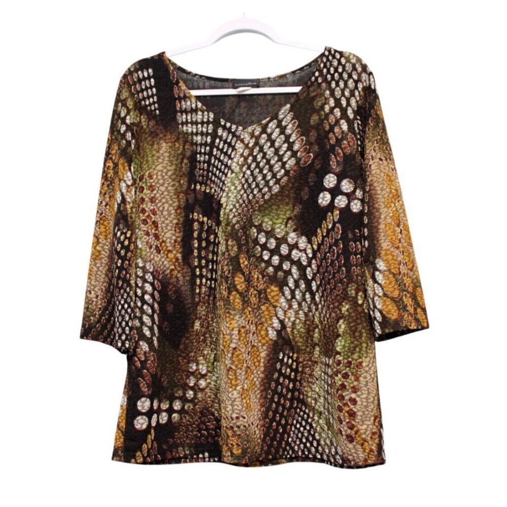 Vintage 90s Blouse 2X Mesh Sheer Stretch Artsy Boho Hippie 3/4 Sleeve Abstract